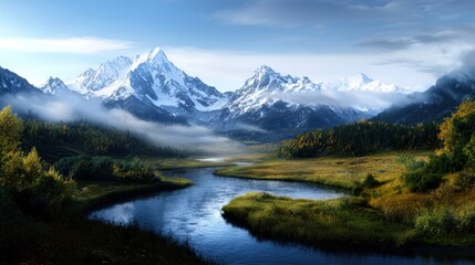 Fototapeta premium A mountain range with a river running through it