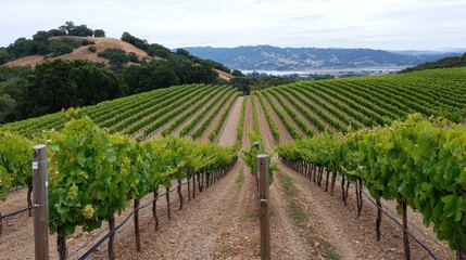 Obraz premium A vineyard with rows of green vines and a hill in the background