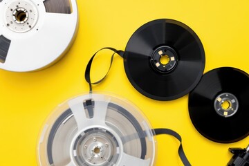 Overhead view of retro recording tape reel with unspooled tape against yellow background