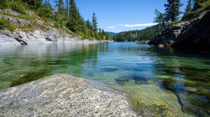 A beautiful lake with a rock in the middle