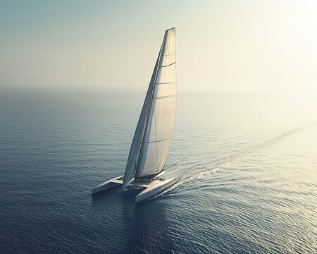 Modern trimaran sailboat sailing on calm ocean at sunset.