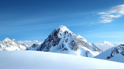 A mountain range with a snow covered peak and a blue sky