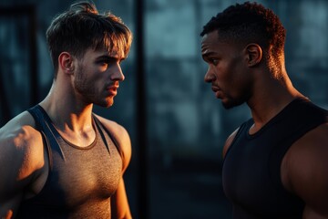 personal trainer motivating a client during a high-intensity interval training session at gym, sweat glistening. Fitness workout motivation.