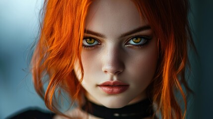 A woman with orange hair and a black necklace is staring at the camera