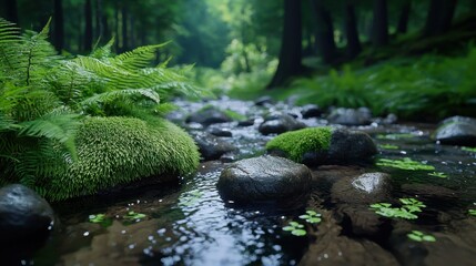 A stream with moss and rocks in the foreground