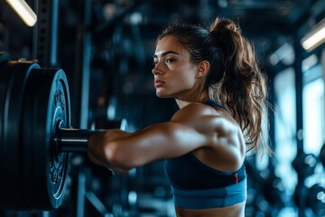 strong female athlete in sportswear doing squats with a barbell in a high tech gym, woman practicing her fitness routine