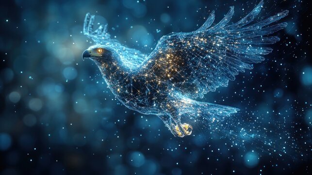 A glowing, digital representation of a soaring hawk amidst a starry, cosmic backdrop.