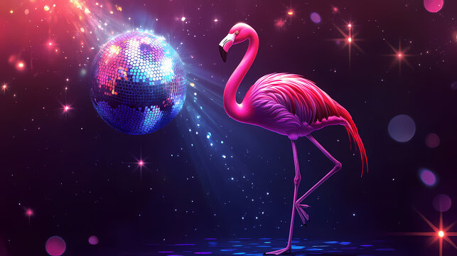 Vibrant flamingo dance under sparkling disco ball in neon lit nightclub. Incandescence. Illustration
