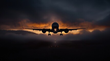 Obraz premium A plane is flying through a cloudy sky with a sunset in the background