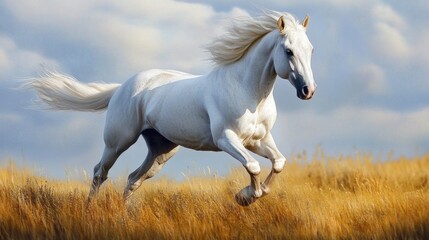 Fototapeta premium A majestic white horse gallops freely through a sunlit golden field, conveying a sense of freedom and energy against a clear blue sky in a rural setting.
