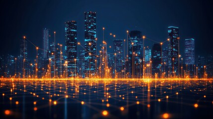 Fototapeta premium Futuristic cityscape at night with glowing network connections.