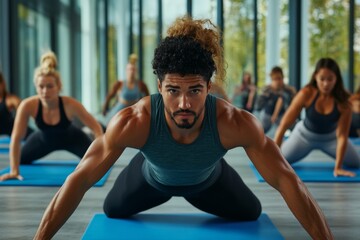 fitness class with participants doing bodyweight workout exercises on mats, a diverse male  fitness instructor leading the session