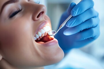 female patient receiving a teeth cleaning from a hygienist in a sleek modern dentist office