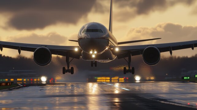A large jet is taking off from an airport runway