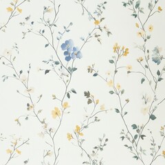 Delicate blue and yellow floral pattern on white background.