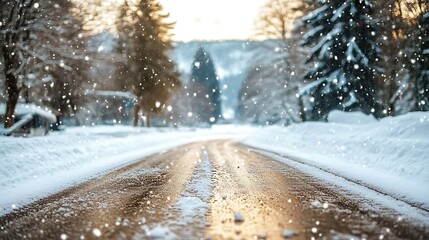 Snowy Road Through Winter Landscape During a Snowfall