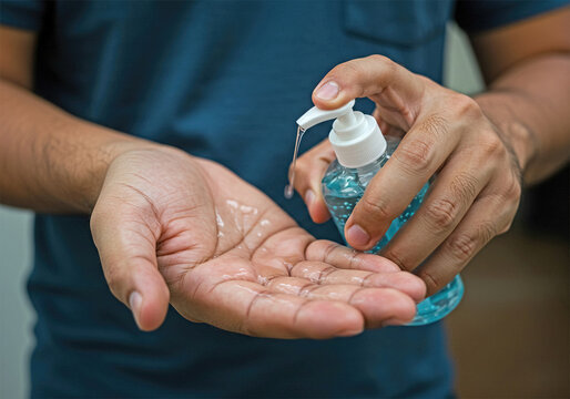 Men's hands using hand washing alcohol gel or sanitizer against the novel Coronavirus or Corona Virus Disease (Covid-19). Antiseptic, Hygiene and Health Concept