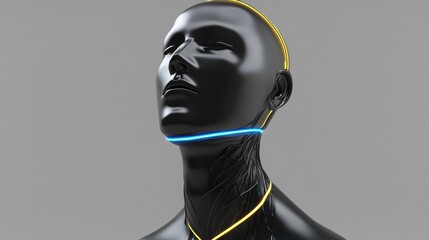 A futuristic black mannequin with glowing lines on its neck, showcasing modern design.