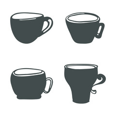 Tea cup black silhouette Clip art Set. Doodle icon, hand drawn decorative kitchen ware, cute cartoon flat design. Various isolated elements. Vector illustration