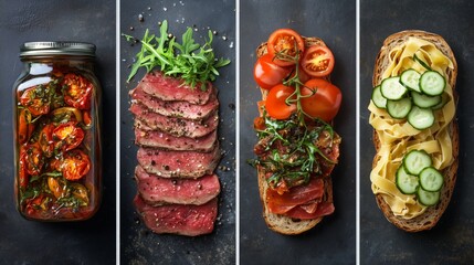 Food Collage with Marinated Tomatoes, Steak, and Open-Faced Sandwiches
