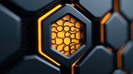 Futuristic hexagonal pattern with glowing orange accents and dark background