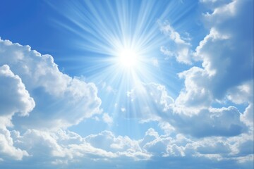 Strange Blue Sky with Bright Sun and White Clouds in Background. Sunlight and Weather Photo