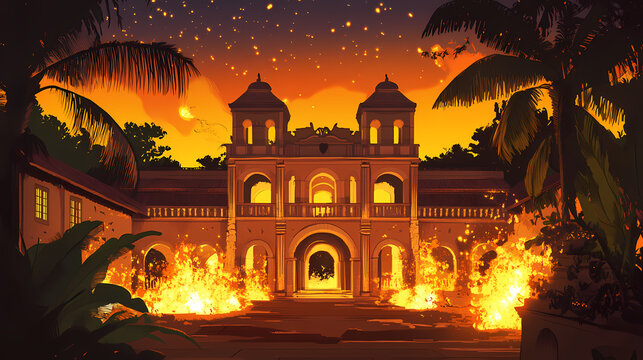 Majestic colonial structures adorned with elegant stone arches engulfed in flickering flames. Incandescence. Illustration