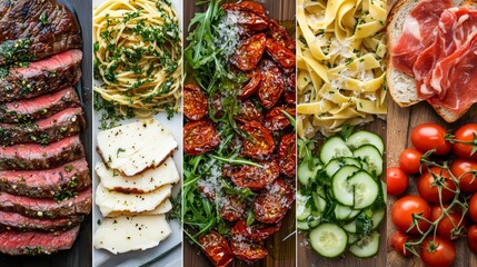 Fototapeta premium Mediterranean Feast: Grilled Steak, Pasta, Sundried Tomatoes, and Fresh Vegetables 