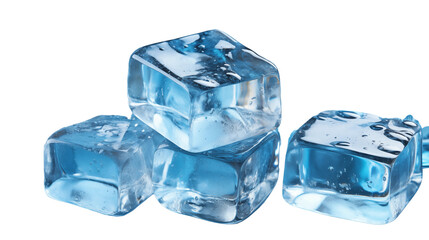 Obraz premium A cluster of crystal-clear ice cubes floating on a serene, reflective surface, studio view, isolated on transparent background.