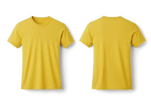Yellow t shirt front and back view, isolated on white background. Ready for your mock up design template.