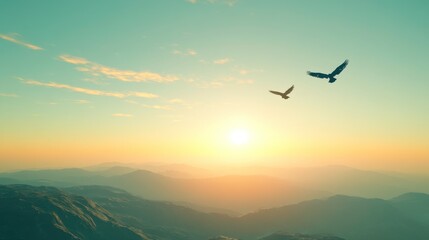 Obraz premium Birds Gliding Through the Sky at Golden Hour