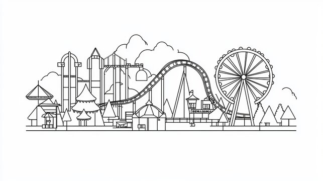Thin line amusement park vector illustration Includes a Ferris wheel and roller coaster in an outline style Vector on white background