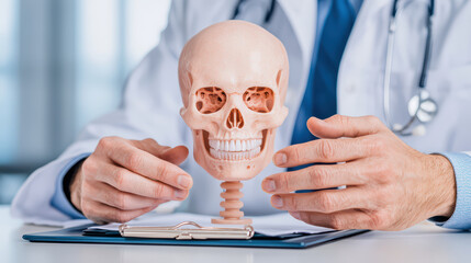 Medical professional demonstrates skull model, showcasing anatomy. hands emphasize importance of education in healthcare