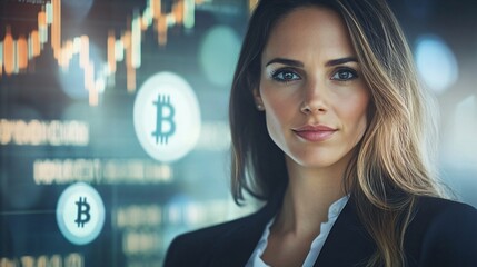 Portrait of businesswoman with bitcoins in office against stocks and shares