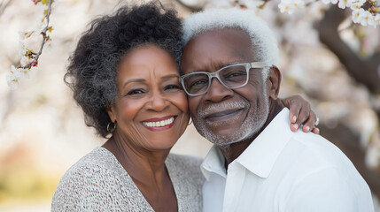 Mature African American partners hugging lovingly, sharing tender moment among blooming springtime branches, symbolizing enduring romantic connection