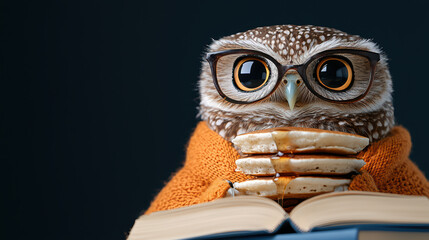 Fototapeta premium Wise owl wearing glasses and orange sweater reads book, exuding charm and intelligence