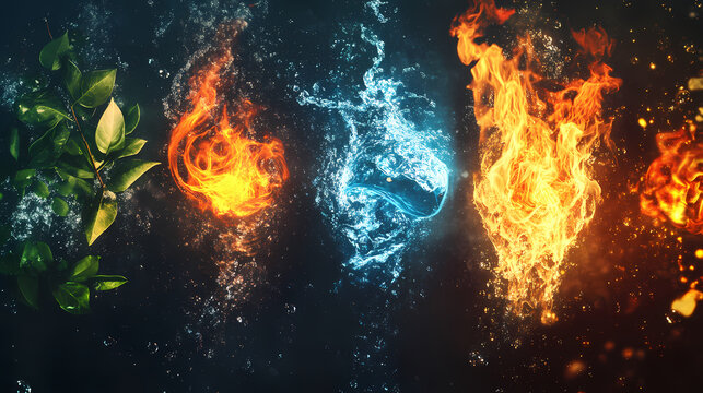 Four elements of nature water fire air earth dynamic composition with dramatic backlighting. Incandescence. Illustration