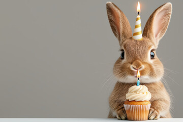 Cute rabbit wearing party hat celebrates with cupcake and candle