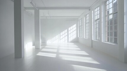Obraz premium Sunlit empty white room with large windows and columns.