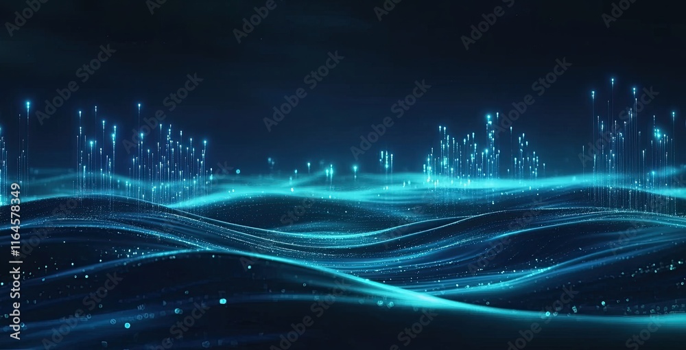 Poster an abstract dot point linked with a gradient line and an aesthetic wave design, representing the con