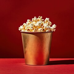 Golden popcorn bucket on red background.