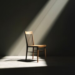A solitary wooden chair illuminated by a beam of sunlight, casting dramatic shadows in a minimalist setting.