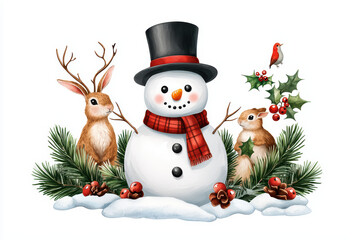 Cheerful snowman with black hat, surrounded by rabbits, pine, and holly. Perfect for winter and holiday themes