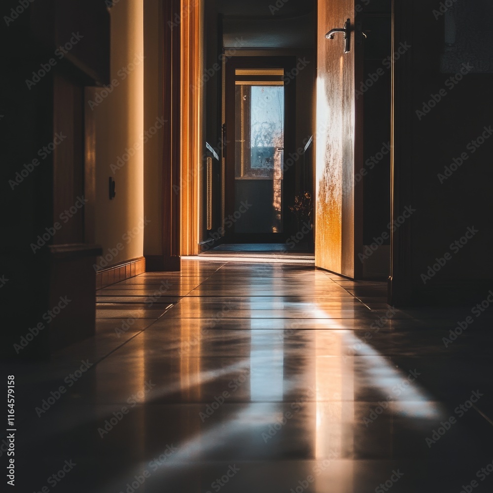 Canvas Prints a hallway with a door in the middle. the door is open and there is a plant in front of it