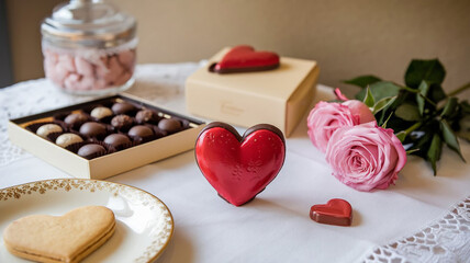 a photo of a table with a red heart made chocolate and some other chocolates and two roses