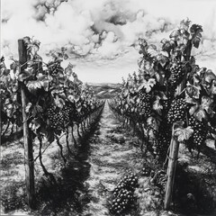 Monochrome vineyard landscape; rows of grapevines laden with ripening grapes under a partly cloudy sky.
