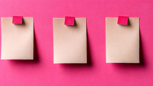 Bright pink background showcases three blank sticky notes pinned in a row for planning or reminders