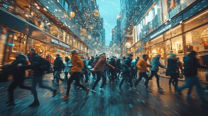 A bustling city street unfolds as shoppers wander among festive holiday lights, revealing a vibrant scene filled with diverse brands and excited expressions of joy.