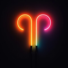 Neon Rainbow Aries Zodiac Symbol on a Black Background, Astrology Concept. 3D Illustration.