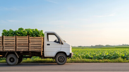 Small truck carrying fresh harvested vegetables parked beside cultivated farmland, highlighting agricultural logistics and local produce transportation